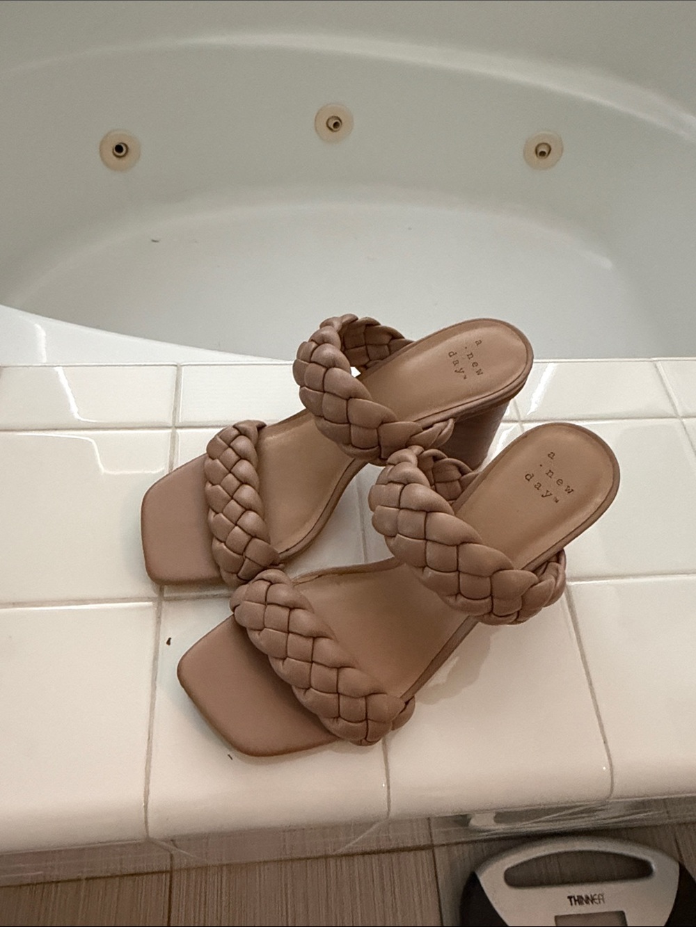 a new day Braided Double-Strap Block Heel Sandals in Taupe